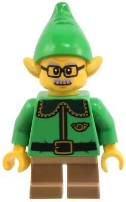 Preowned LEGO® Minifigure – Holiday & Event hol367 Elf - Dark Green Collar and Gold Horn, Moustache and Glasses
