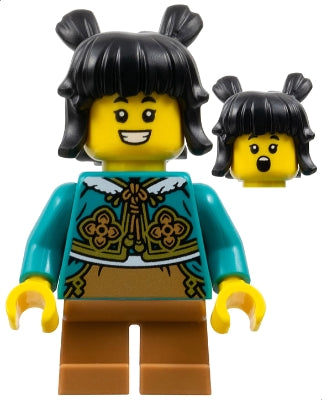 Preowned LEGO® Minifigure – Holiday & Event hol371 Child - Girl, Dark Turquoise Cheongsam Bolero Shrug, Medium Nougat Short L