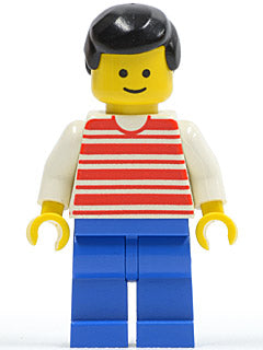Preowned LEGO® Minifigure – Town hor001 Horizontal Lines Red White Arms Blue Legs Black Mal