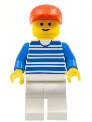Preowned LEGO® Minifigure – Town hor003 Horizontal Lines Blue Blue Arms White Legs Red Cap