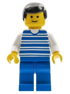Preowned LEGO® Minifigure – Town hor004 Horizontal Lines Blue White Arms Blue Legs Black Ma