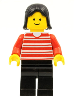 Preowned LEGO® Minifigure – Town hor005 Horizontal Lines Red Red Arms Black Legs Black Fema