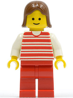 Preowned LEGO® Minifigure – Town hor021 Horizontal Lines Red White Arms Red Legs Brown Fema