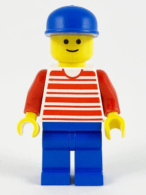 Preowned LEGO® Minifigure – Town hor025 Horizontal Lines Red Red Arms Blue Legs Blue Cap