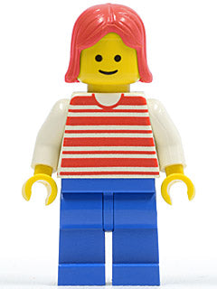 Preowned LEGO® Minifigure – Town hor027 Horizontal Lines Red White Arms Blue Legs Red Femal