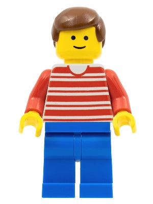 Preowned LEGO® Minifigure – Town hor028 Horizontal Lines Red Red Arms Blue Legs Brown Male