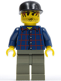 Preowned LEGO® Minifigure – Studios hrf009 Plaid Button Shirt Dark Gray Legs Black Cap Red