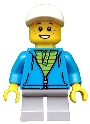 Preowned LEGO® Minifigure – LEGO® Ideas idea033 Boy White Cap Dark Azure Hoodie Lime Shirt