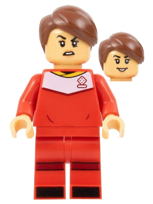 Preowned LEGO® Minifigure – LEGO® Ideas idea125 Soccer Player Female Red Uniform Medium Tan