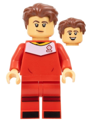 Preowned LEGO® Minifigure – LEGO® Ideas idea137 Soccer Player Female Red Uniform Medium Tan