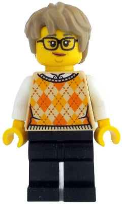 Preowned LEGO® Minifigure – LEGO Ideas (CUUSOO) idea210 Woman - Tan Knit Argyle Sweater Vest, Black Legs, Dark Tan Thick Mess