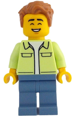 Preowned LEGO® Minifigure – LEGO Ideas (CUUSOO) idea213 Man - Yellowish Green Jacket over White Shirt, Sand Blue Legs, Medium