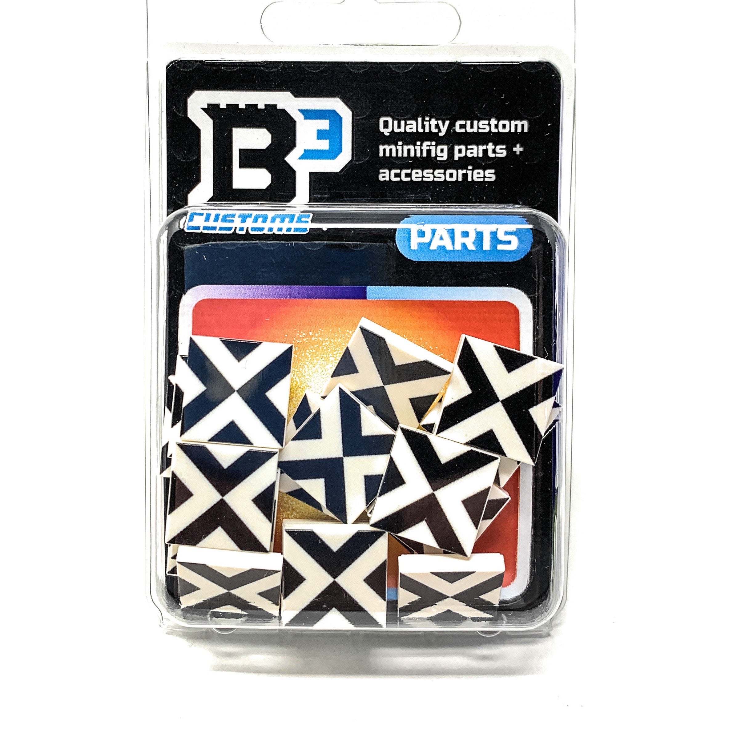 Packaged custom minifig parts with geometric design on a white background