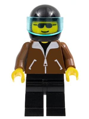 LEGO® Minifigure Town jbr002 Jacket Brown Black Legs Black Helmet Trans-Light Bl