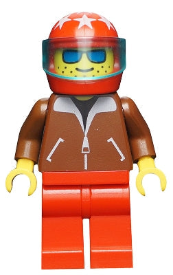 Preowned LEGO® Minifigure – Town jbr007 Jacket Brown Red Legs Red Helmet 7 White Stars Tran