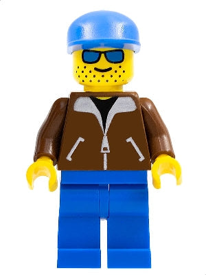 Preowned LEGO® Minifigure – Town jbr008 Jacket Brown Blue Legs Blue Sunglasses Blue Cap