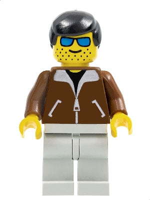 Preowned LEGO® Minifigure – Town jbr009 Jacket Brown Light Gray Legs Black Male Hair Blue S