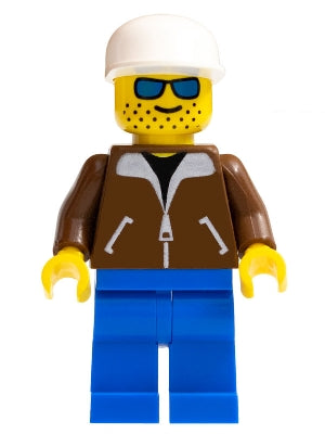 Preowned LEGO® Minifigure – Town jbr010 Jacket Brown Blue Legs Blue Sunglasses White Cap