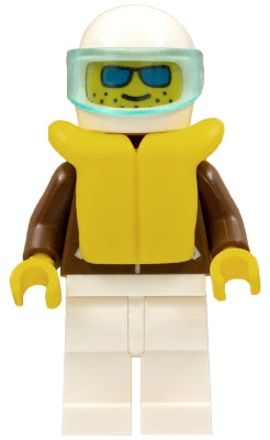 Preowned LEGO® Minifigure – Town jbr011 Jacket Brown White Legs White Helmet Trans-Light Bl