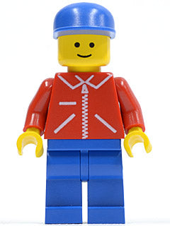 Preowned LEGO® Minifigure – Town jred024 Jacket Red w/Zipper Red Arms Blue Legs Blue Cap