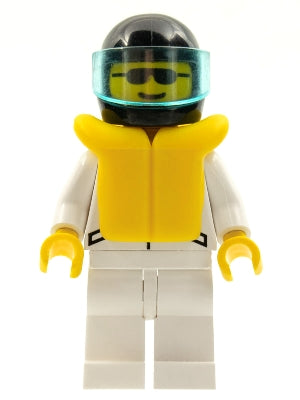 Preowned LEGO® Minifigure – Town jstr010 Jacket 2 Stars White White Legs Black Helmet Trans
