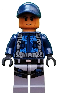Preowned LEGO® Minifigure – Jurassic World jw001 ACU Trooper Male Dark Blue Cap Medium Noug