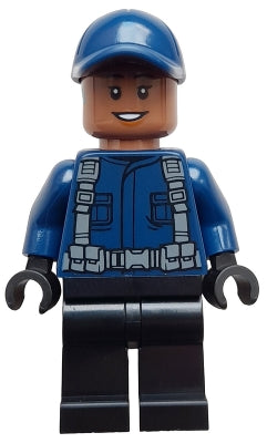 Preowned LEGO® Minifigure – Jurassic World jw123 ACU Guard / Driver - Female, Dark Blue Cap, Black Legs, Smile