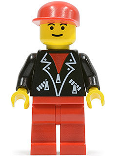 Preowned LEGO® Minifigure – Town lea003 Leather Jacket w/Zippers Red Legs Red Cap Eyebrows