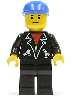 Preowned LEGO® Minifigure – Town lea004 Leather Jacket w/Zippers Black Legs Blue Cap Eyebro