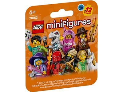 LEGO minifigures packaging with various characters on an orange background