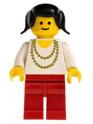 Preowned LEGO® Minifigure – Town ncklc004 Necklace Gold Red Legs Black Pigtails Hair
