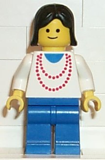 Preowned LEGO® Minifigure – Town ncklc008 Necklace Red Blue Legs Black Female Hair