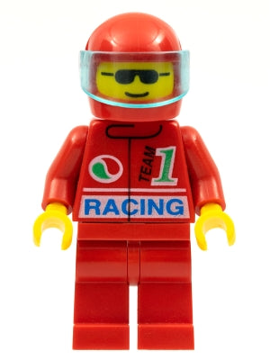 Preowned LEGO® Minifigure – Town oct030 Octan Racing Red Legs Red Helmet Trans-Light Blue V