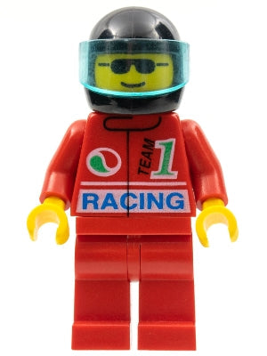 Preowned LEGO® Minifigure – Town oct032 Octan Racing Red Legs Black Helmet Trans-Light Blue