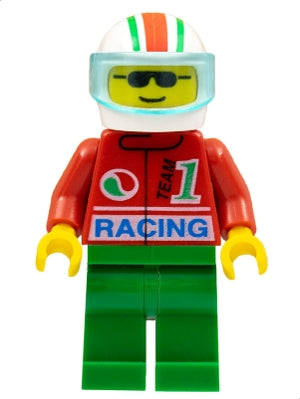 LEGO® Minifigure Town oct033 Octan Racing Green Legs White Red/Green Striped Hel