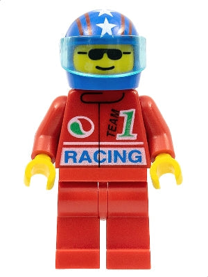 Preowned LEGO® Minifigure – Town oct039 Octan Racing Red Legs Blue Helmet 4 Stars & Stripes