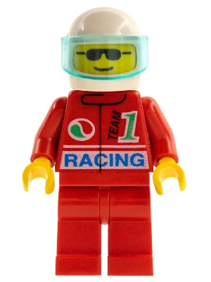 Preowned LEGO® Minifigure – Town oct040 Octan Racing Red Legs White Helmet Trans-Light Blue