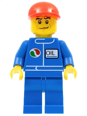 Preowned LEGO® Minifigure – Town oct066 Octan Blue Oil Blue Legs Red Short Bill Cap Crooked