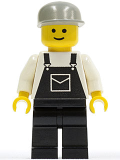Preowned LEGO® Minifigure – Town ovr004 Overalls Black w/Pocket Black Legs Light Gray Cap