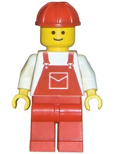Preowned LEGO® Minifigure – Town ovr005 Overalls Red w/Pocket Red Legs Red Construction Hel