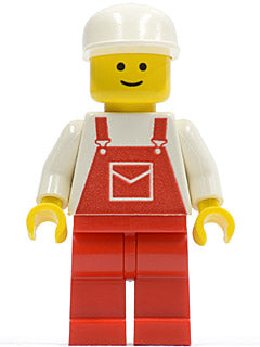 Preowned LEGO® Minifigure – Town ovr006 Overalls Red w/Pocket Red Legs White Cap