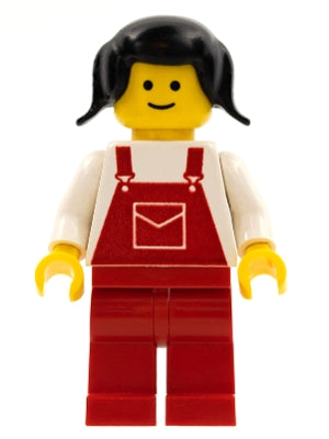 Preowned LEGO® Minifigure – Town ovr009 Overalls Red w/Pocket Red Legs Black Pigtails Hair