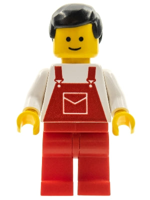 Preowned LEGO® Minifigure – Town ovr010 Overalls Red w/Pocket Red Legs Black Male Hair