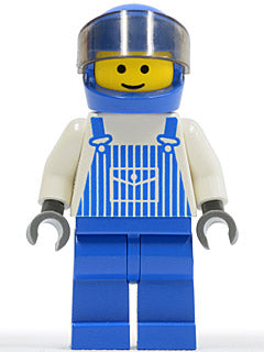 Preowned LEGO® Minifigure – Town ovr024 Overalls Striped Blue w/Pocket Blue Legs Blue Helme