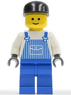 Preowned LEGO® Minifigure – Town ovr025 Overalls Striped Blue w/Pocket Blue Legs Black Cap