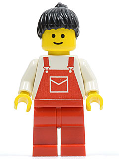 Preowned LEGO® Minifigure – Town ovr026 Overalls Red w/Pocket Red Legs Black Ponytail Hair