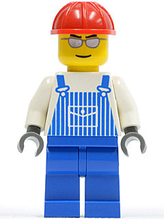 Preowned LEGO® Minifigure – Town ovr030 Overalls Striped Blue w/Pocket Blue Legs Red Constr