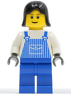 Preowned LEGO® Minifigure – Town ovr033 Overalls Striped Blue w/Pocket Blue Legs Black Fema