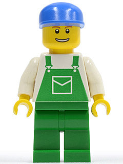 Preowned LEGO® Minifigure – Town ovr040 Overalls Green w/Pocket Green Legs Blue Cap Thin Gr
