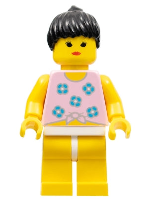 Preowned LEGO® Minifigure – Town par004 Blue Flowers Yellow Legs Black Ponytail Hair